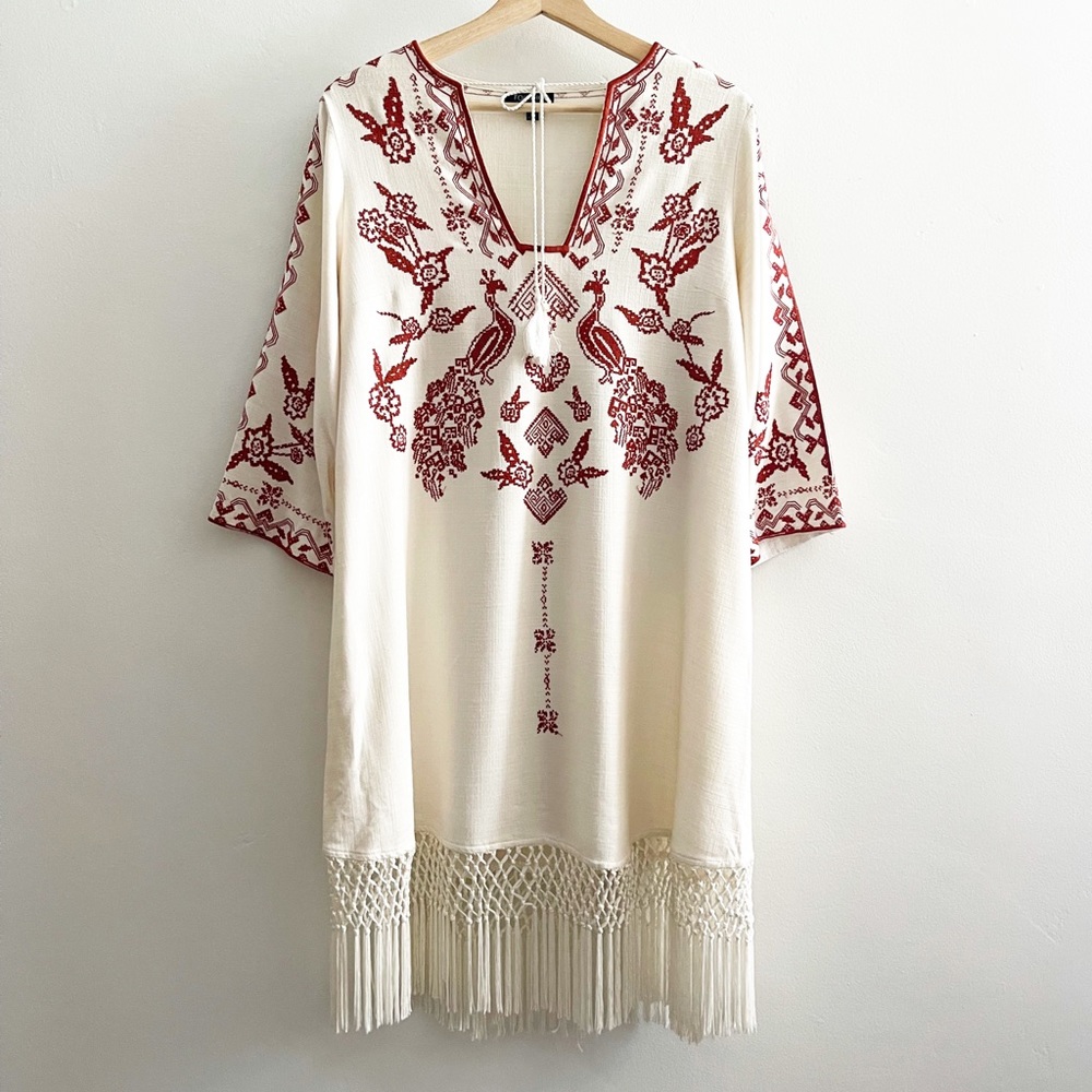 Topshop Size Med/6 Embroidered Fringe Mini Dress, Ivory & Rust Color, Bohemian